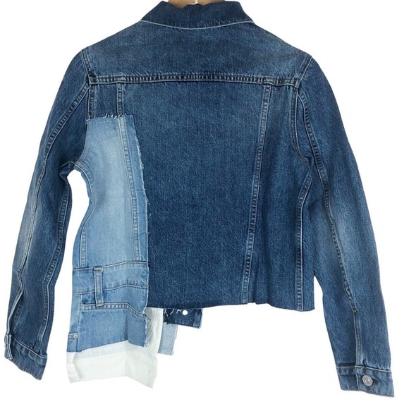 Hudson NWT Spliced Trucker Deconstructed Denim Jacket Patchwork Blue Distressed - Picture 5 of 8